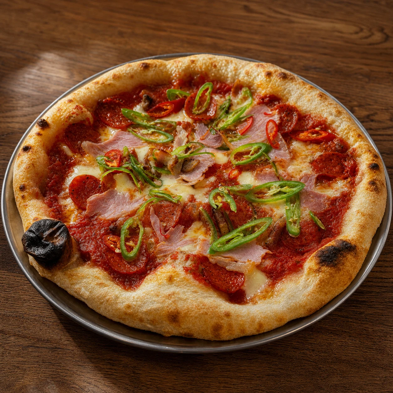 Classic tomato-base Lupa pizza with pepperoni, ham and chillies